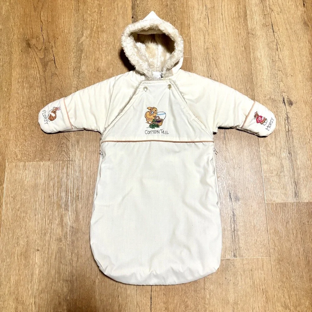 VTG Beatrix Potter Baby Bunting Snowsuit Peter Rabbit Embroidery Fur Hand Covers